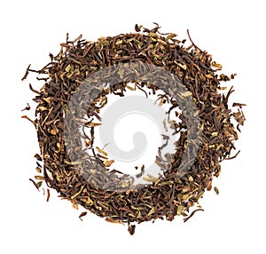 Black tea Darjeeling, isolated on white background. Organic tea. Top view. Close up