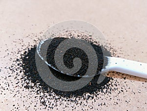 Black tea dust dried and grinded tea-leaves powder on spoon lose leaf tea-dust view cha preto image te negro dust photo photo