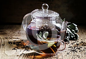 Black tea with fresh sage, glass cup and teapot, dark wood backg