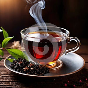 Black tea, hot strong beverage brewed from tea leaves