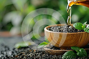 black tea with leaf and green tea pouring onto a wooden spoon, in the style of detailed background elements. Generative