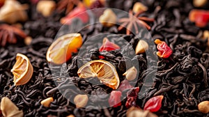 Black tea leaves with dried fruits and herbs. AI generated.