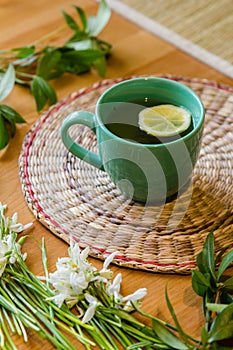 Black tea with lemon in green mug with snowdrops background