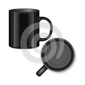 Black tea mug. Side view and top view. Realistic vector Mock up Template