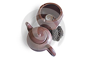 Black tea and retro teapot white background