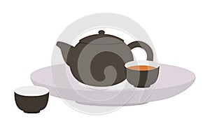 Black tea set clipart. Chinese brown teapot and teacups set on a plate vector design illustration. Asian Mid-Autumn Festival