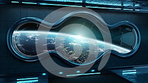 Black tech spaceship round window interior background 3D rendering