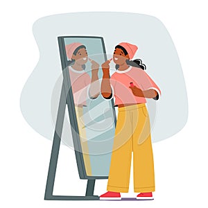 Black Teenage Girl Character Stands Before Her Mirror, Carefully Applying Lipstick, Her Reflection Illuminated By Light