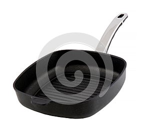 Black teflon pan isolated on white background. It`s a deep pan. The handle is made of stainless steel.