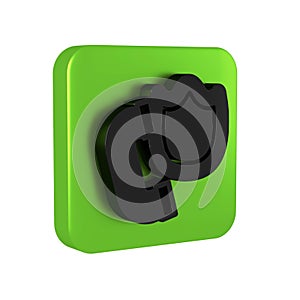 Black Telephone handset with security shield icon isolated on transparent background. Phone sign. Green square button.