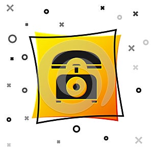 Black Telephone icon isolated on white background. Landline phone. Yellow square button. Vector Illustration