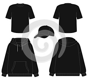 black template sweatshirt t-shirt baseball cap logo design blank style set hoodie back front clothing hood white background