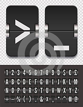 Black terminal mechanical scoreboard alphabet to display destination and departure vector illustration. Airport flip