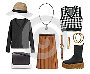 Black terracotta female fashion clothes set.Women`s clothing. Winter outfit.Autumn style garment
