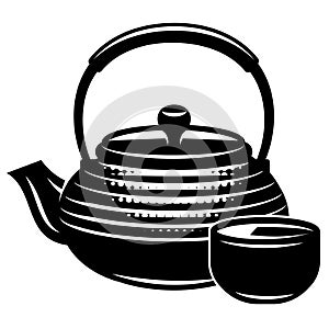 Black tetsubin with pial. Equipment for brewing ceremonial Chinese tea. Monochrome vector image