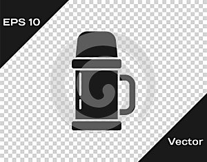 Black Thermos container icon isolated on transparent background. Thermo flask icon. Camping and hiking equipment. Vector