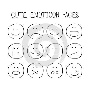 Black thin line cute creative emoticon faces icons set poster design element on white