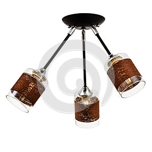 Black three-lamp ceiling lamp with cylindrical glass shades with a brown cord wound around