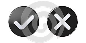 Black Tick Check mark and cross 3D Icons Rounded black icon 3D illustration