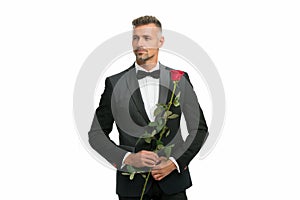 Black tie dress code for evening events. tuxedo man with rose flower. happy valentines day. special occasion. male