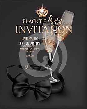 Black tie party with the black bow tie and glasses of champagne.