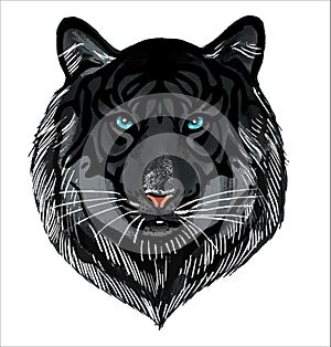 A black tiger on a white background. The head is a portrait of a predatory beast. The symbol of 2022.