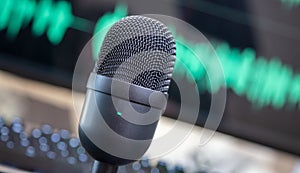 Black tilted condenser microphone, mic blur turquoise waveform background