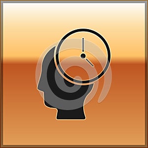 Black Time Management icon isolated on gold background. Clock and gear sign. Productivity symbol. Vector