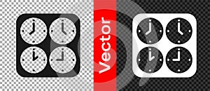 Black Time zone clocks icon isolated on transparent background. Vector