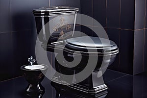 Black toilet bowl in modern bathroom with black tiles on the floor.