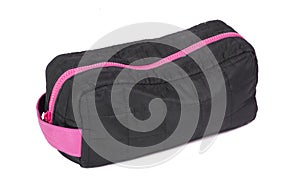 Black toiletry bag on white background