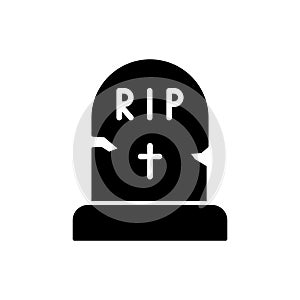 Black Tombstone on Grave with Text RIP Silhouette Icon. Halloween Grave Glyph Pictogram. Headstone with Cross and Text