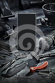 Black Tools Of Barber On Stone Slate Background Mock Up Smartphone Screen