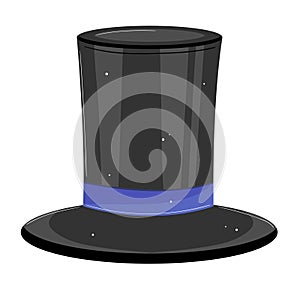 Black top hat with blue ribbon on white background. Classic magician s hat, vintage fashion accessory. Elegance
