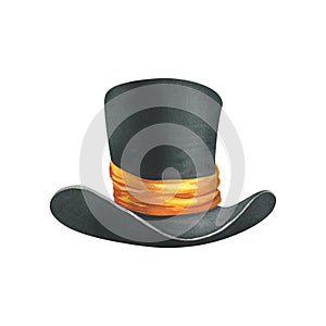 Black top hat with orange satin ribbon. Watercolor illustration, hand drawn. Isolated element on a white background