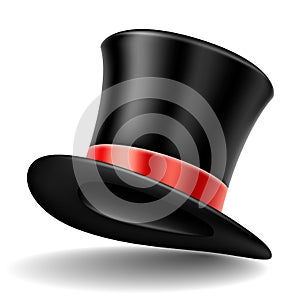 Black top hat with red ribbon, isolated on white