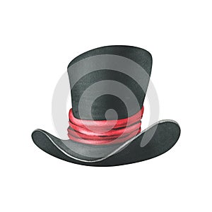 Black top hat with red satin ribbon. Watercolor illustration, hand drawn. Isolated element on a white background.