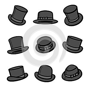 Black top hat set. Collection icon black top hat. Vector