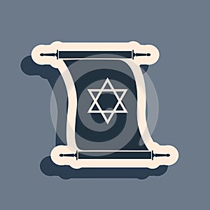 Black Torah scroll icon isolated on grey background. Jewish Torah in expanded form. Torah Book sign. Star of David