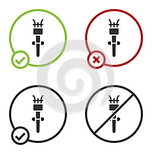 Black Torch flame icon isolated on white background. Symbol fire hot, flame power, flaming and heat. Circle button