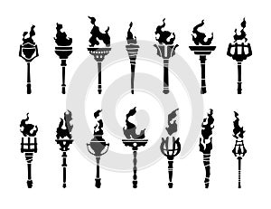 Black torch icons. Medieval burning fire blaze silhouettes, fiery flaming stick icons, liberty achievement championship