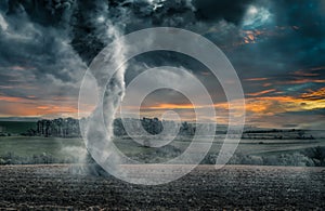 Black tornado funnel over field during thunderstorm