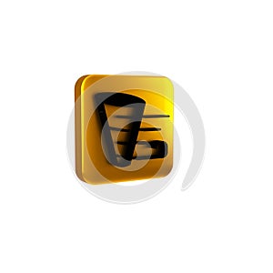 Black Tornado icon isolated on transparent background. Yellow square button.