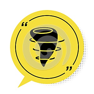 Black Tornado icon isolated on white background. Yellow speech bubble symbol. Vector Illustration