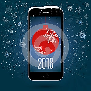 Black touchscreen smartphone with a picture of the Christmas ball. Christmas application. New Year. Vector Image.