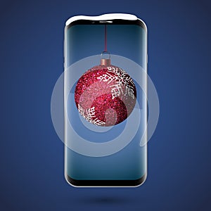 Black touchscreen smartphone with a picture of the Christmas ball. Christmas application. New Year. Vector Image.