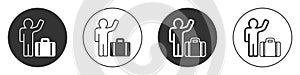 Black Tourist with suitcase icon isolated on white background. Travelling, vacation, tourism concept. Circle button