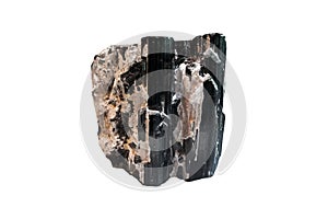 Black Tourmaline or Schorl Natural Raw Rough Gemstone isolated on white background..