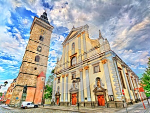 Black Tower and St. Nicholas Cathedral in Ceske Budejovice, Czech Republic