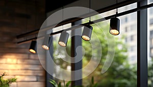 Black track lighting with five spotlights.